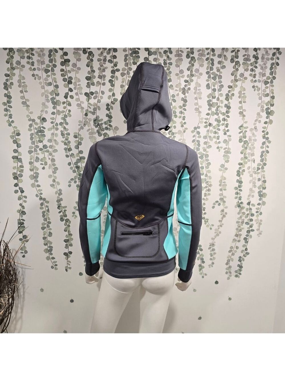Roxy Syncro Neoprene Jacket Wetsuit Top Womens 6 Gray Teal Hooded Zip - Picture 9 of 14